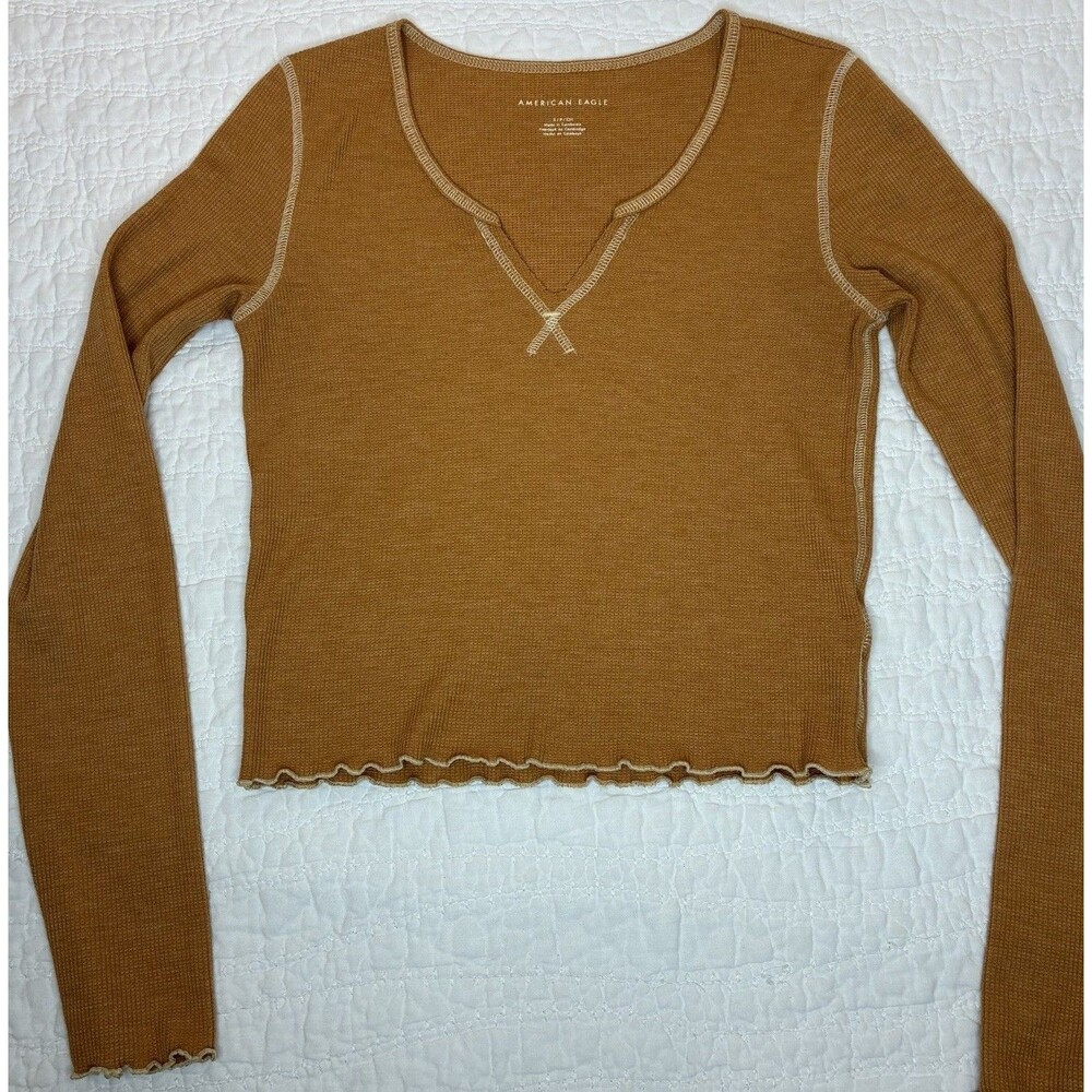 Mustard Yellow Long Sleeve Thermal V-Neck Crop Top Women’s Size Small Sexy
